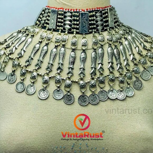 Tribal Choker Necklace With Fish Motifs and Vintage Coins, Afghan Fish Choker - Picture 2 of 9